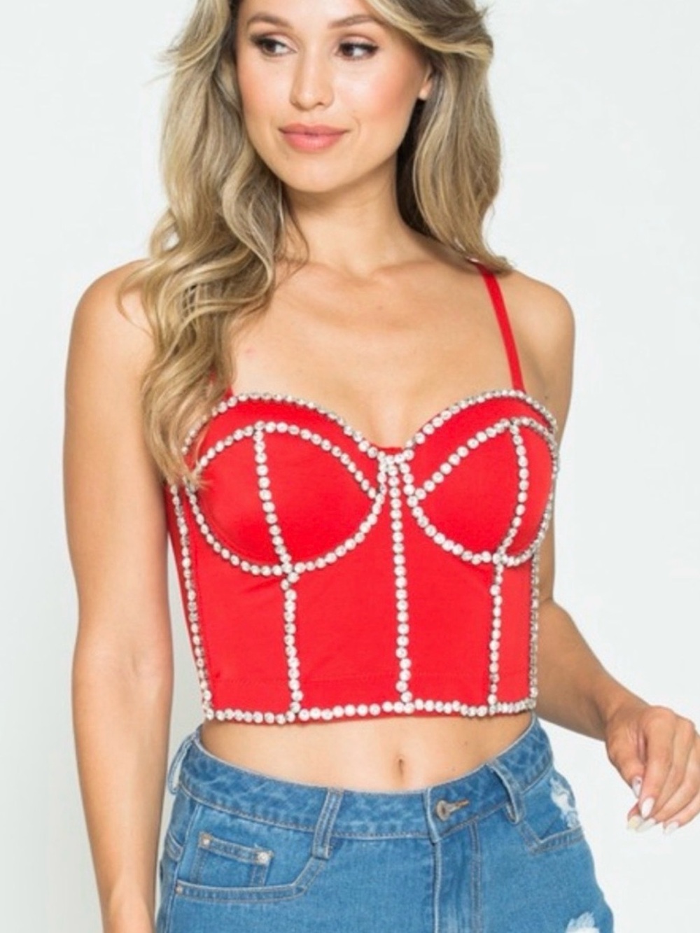 Red Rhinestone-Embellished Bustier Crop Top - Women’s. Size Medium. Like new!